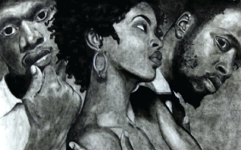 A photorealistic charcoal drawing of the Fugees, a 90s hip hop group